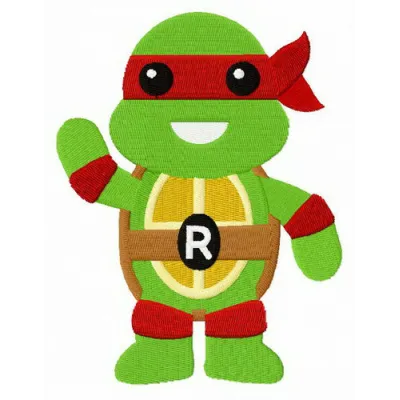 Chibi Raphael embroidery design featuring the beloved Teenage Mutant Ninja Turtle in vibrant colors.