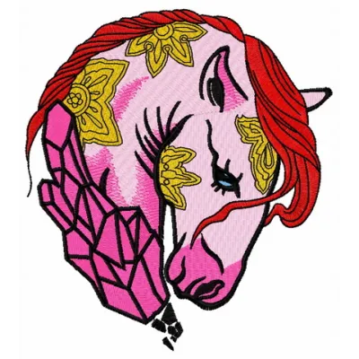 Sad crystal horse embroidery design showcasing intricate details, perfect for stitching on apparel or home decor.
