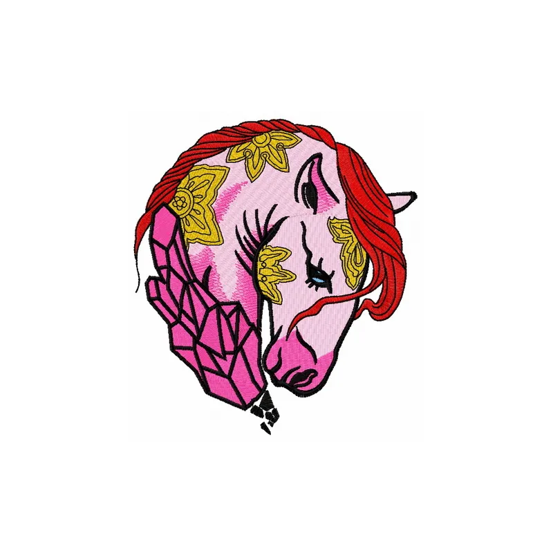Sad crystal horse embroidery design showcasing intricate details, perfect for stitching on apparel or home decor.