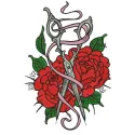 Vintage scissors and ribbon embroidery design preview showcasing intricate stitching patterns for crafting projects.