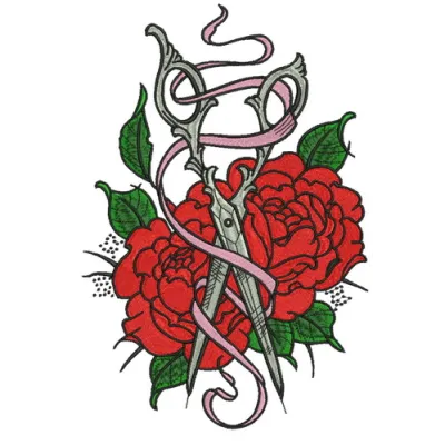 Vintage scissors and ribbon embroidery design preview showcasing intricate stitching patterns for crafting projects.