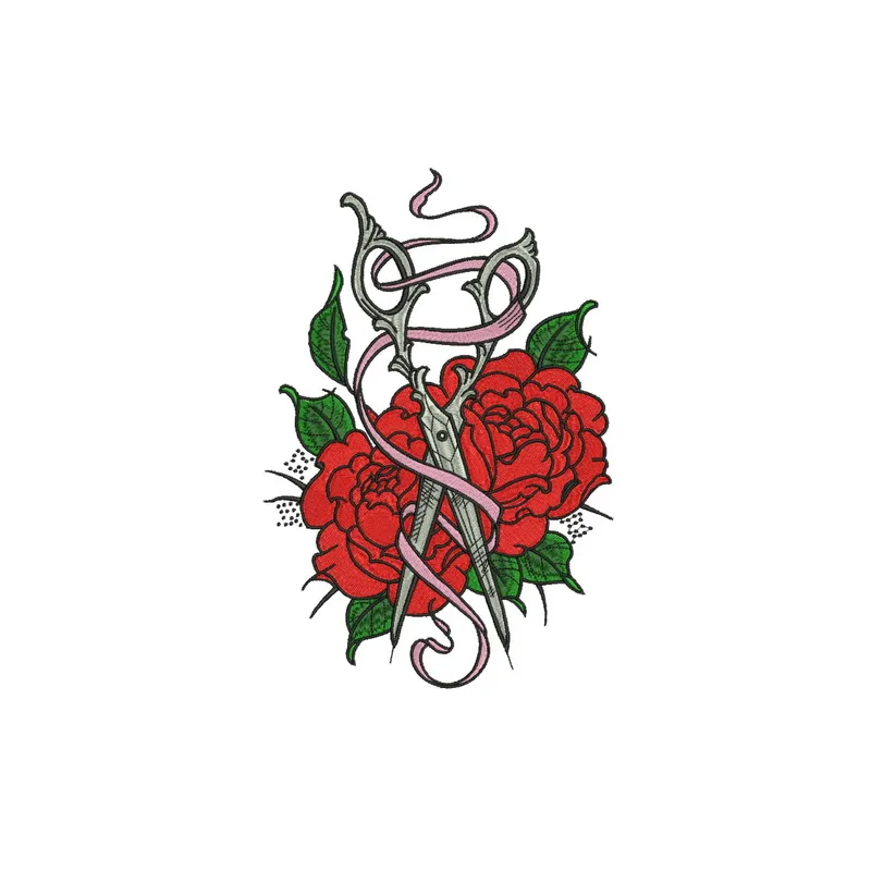 Vintage scissors and ribbon embroidery design preview showcasing intricate stitching patterns for crafting projects.