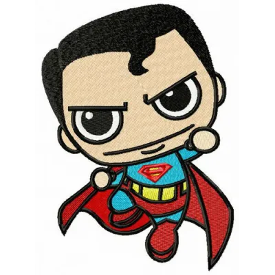 Chibi Superman attacks embroidery design showcasing a playful superhero motif for creative stitching projects.