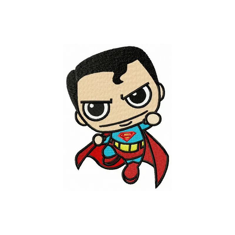 Chibi Superman attacks embroidery design showcasing a playful superhero motif for creative stitching projects.