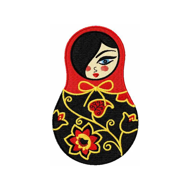 Nesting doll embroidery design featuring colorful traditional dolls, perfect for embellishing various fabric items.