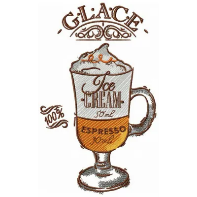 Hot glace embroidery design featuring a steaming coffee cup, perfect for stitching on kitchen towels or aprons.