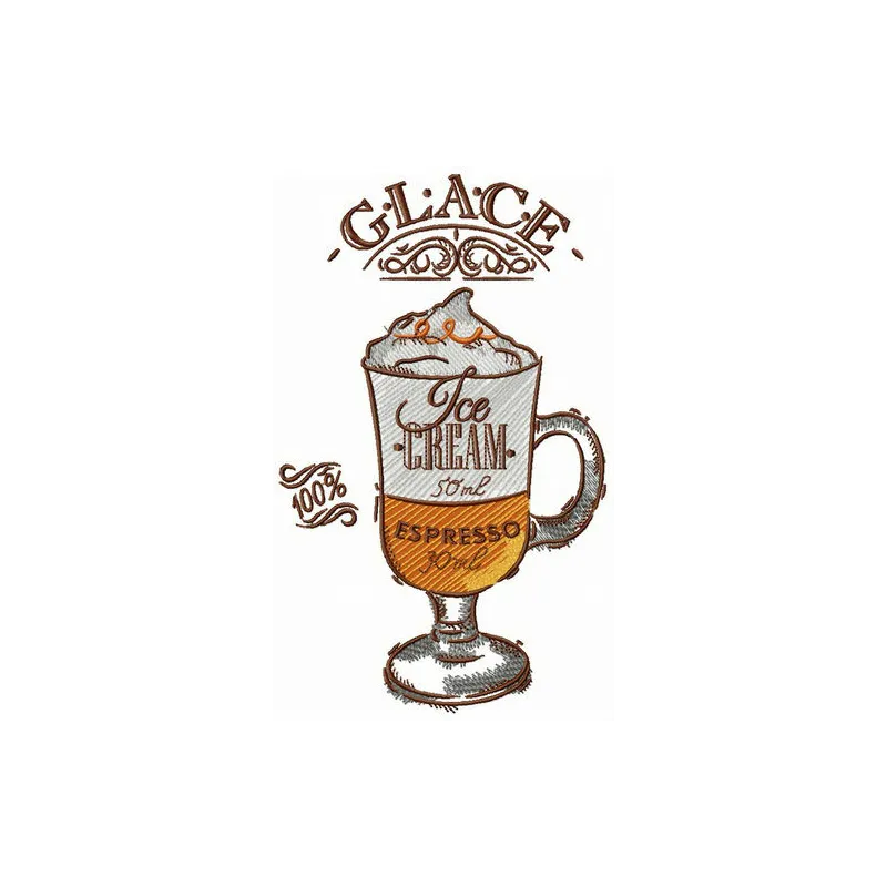 Hot glace embroidery design featuring a steaming coffee cup, perfect for stitching on kitchen towels or aprons.