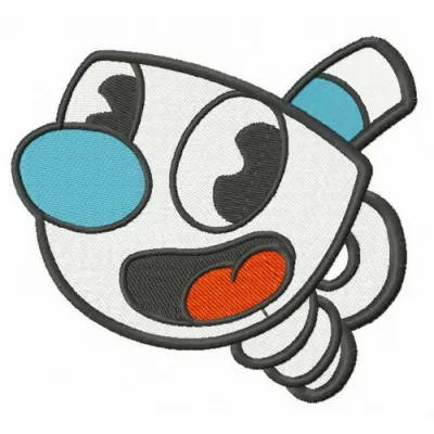 Mugman embroidery design featuring a playful character from video games, ideal for stitching on t-shirts or tote bags.