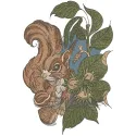 Embroidery design featuring a charming squirrel holding a hazelnut, perfect for woodland-themed projects.