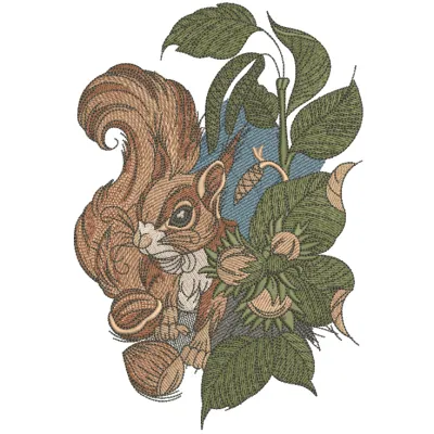 Embroidery design featuring a charming squirrel holding a hazelnut, perfect for woodland-themed projects.
