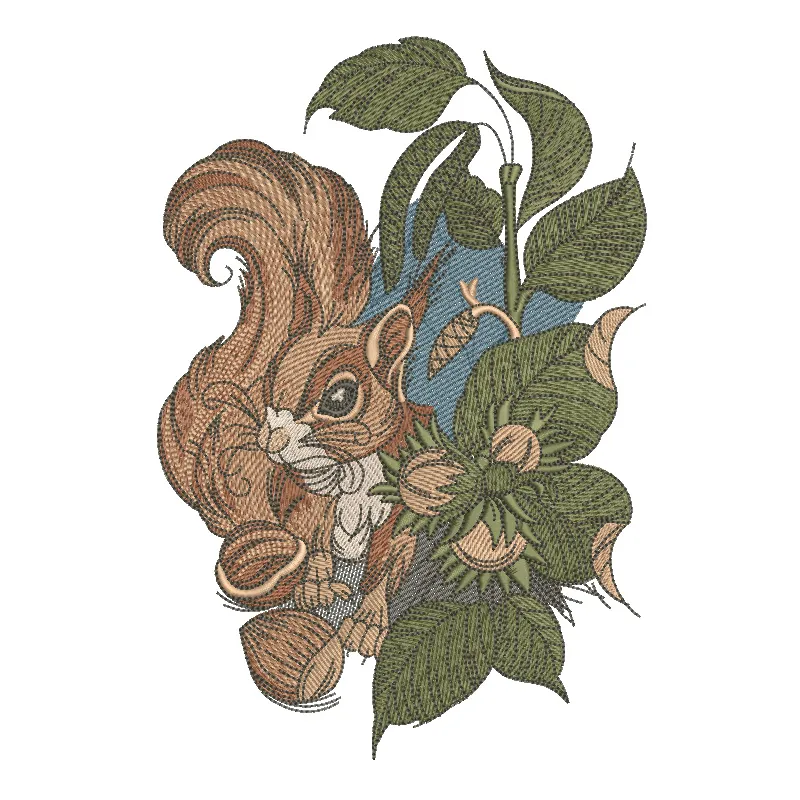 Embroidery design featuring a charming squirrel holding a hazelnut, perfect for woodland-themed projects.