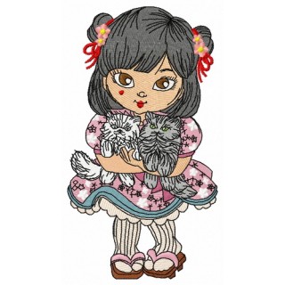 Japanese girl with cats embroidery design - Embroidery Design