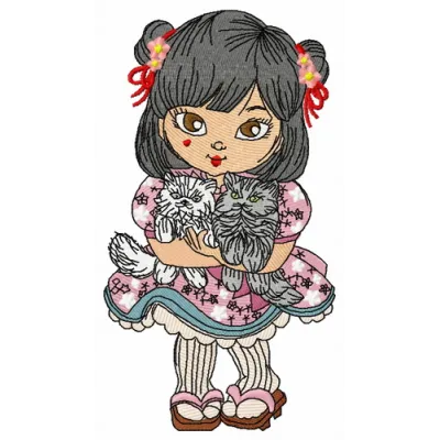 Embroidery design featuring a Japanese girl surrounded by playful cats, perfect for creative stitching projects.