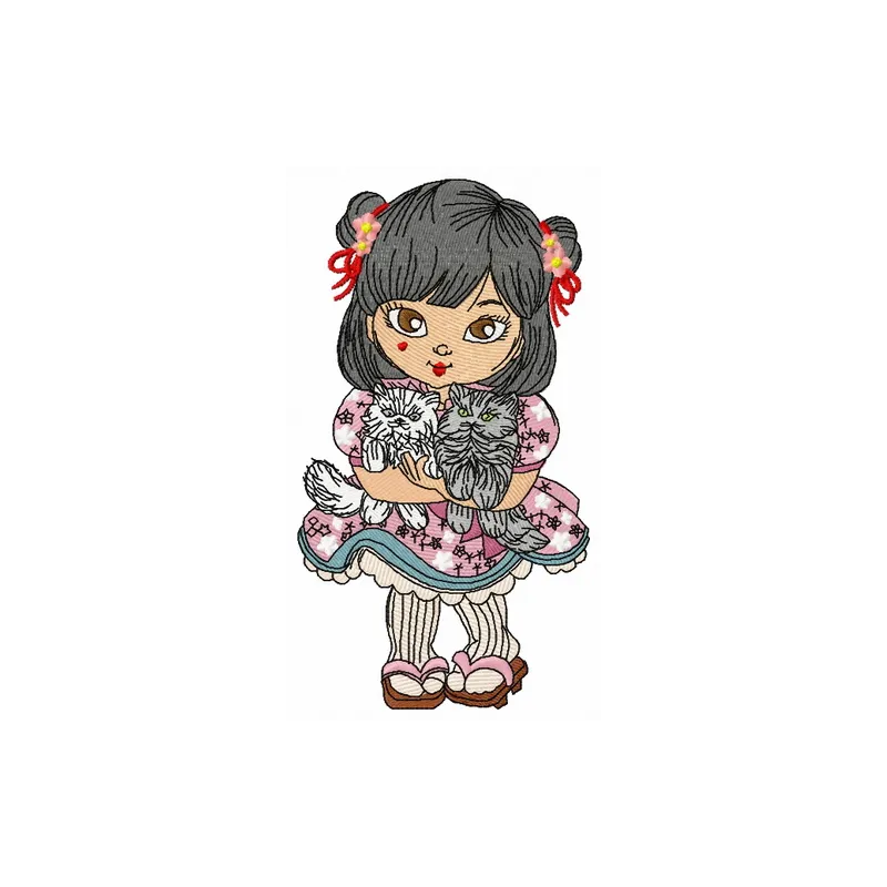 Embroidery design featuring a Japanese girl surrounded by playful cats, perfect for creative stitching projects.