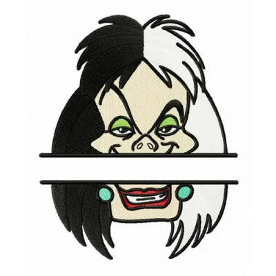 Cruella de Vil monogram embroidery design featuring a stylish and chic stitch pattern for personalized projects.