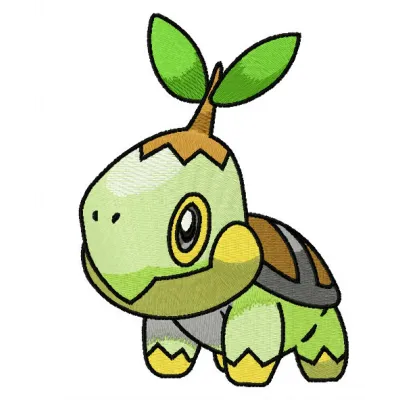 Turtwig embroidery design featuring the adorable grass-type Pokémon, showcased in vibrant stitching patterns.