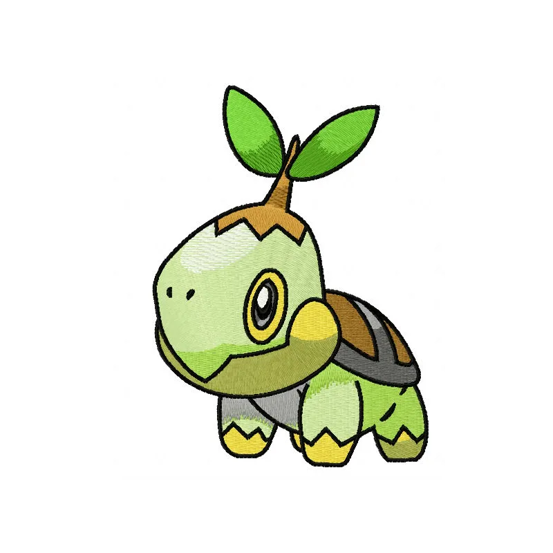 Turtwig embroidery design featuring the adorable grass-type Pokémon, showcased in vibrant stitching patterns.