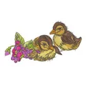 Embroidery design featuring adorable ducklings surrounded by vibrant violets, perfect for farm animal themes.