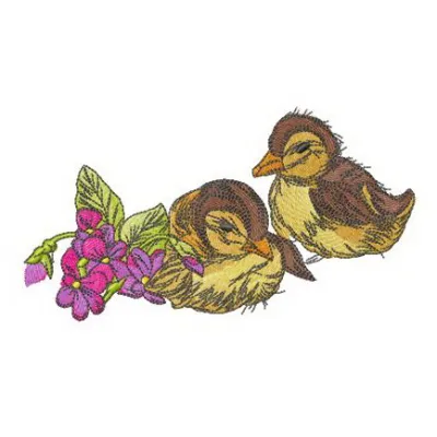 Embroidery design featuring adorable ducklings surrounded by vibrant violets, perfect for farm animal themes.