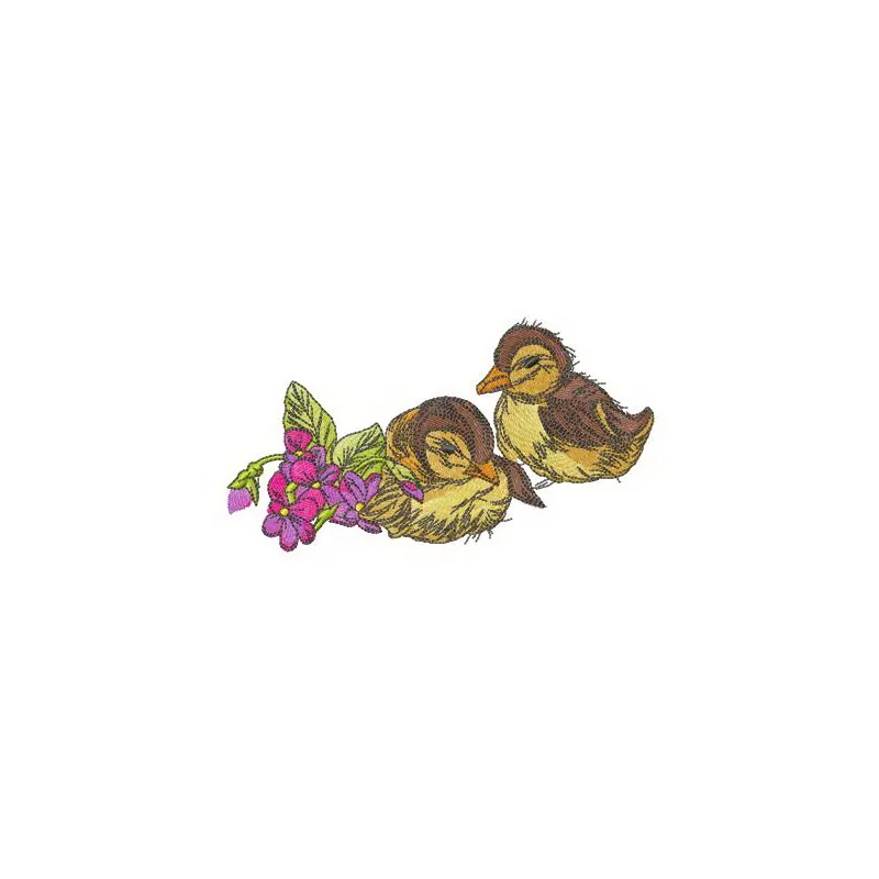 Embroidery design featuring adorable ducklings surrounded by vibrant violets, perfect for farm animal themes.