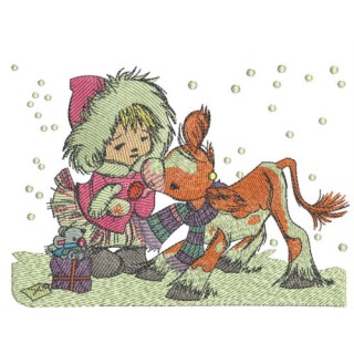 Girl and calf embroidery design - Embroidery Design