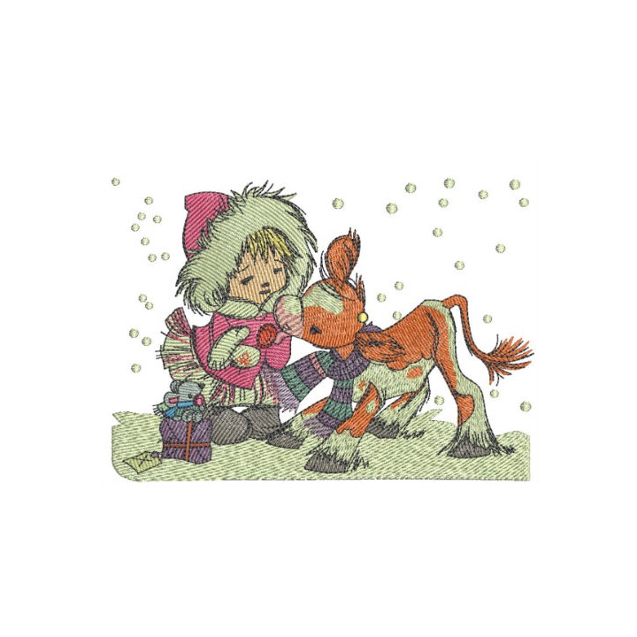 Girl and calf embroidery design - Embroidery Design