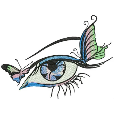 Preview of the 'Butterflies in my Eye' embroidery design featuring colorful stitched butterflies for fashion accessories.