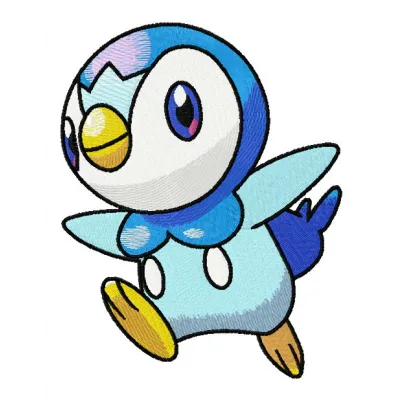 Embroidery design of a whimsical penguin attempting to fly, part of the woodland animals collection.