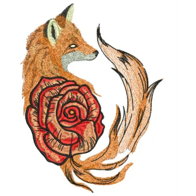 Preview of the Foxy Rose embroidery design featuring a charming fox with floral accents, ideal for creative projects.