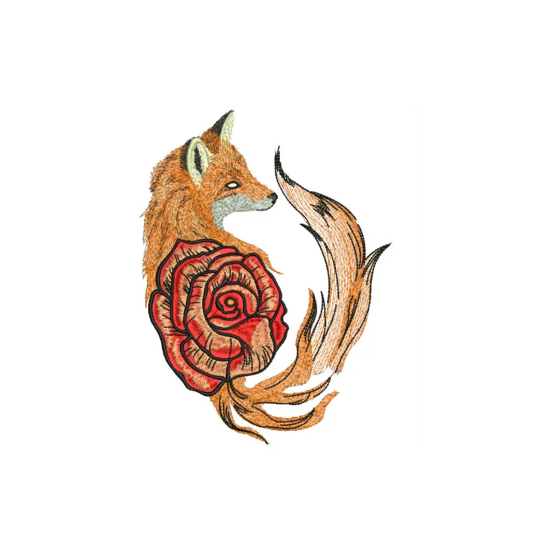 Preview of the Foxy Rose embroidery design featuring a charming fox with floral accents, ideal for creative projects.
