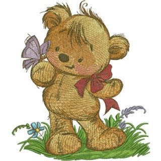 Teddy bear playing with butterfly embroidery design - Embroidery Design