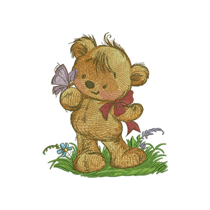Teddy bear playing with butterfly embroidery design - Embroidery Design
