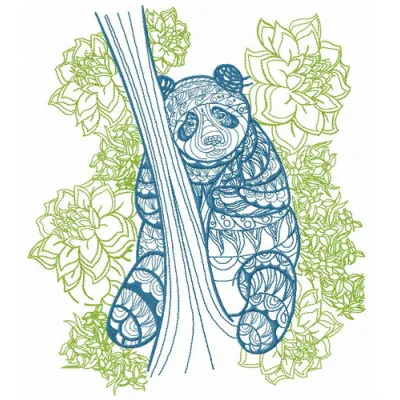 Mosaic panda 2 embroidery design featuring a charming panda among woodland elements, perfect for diverse projects.
