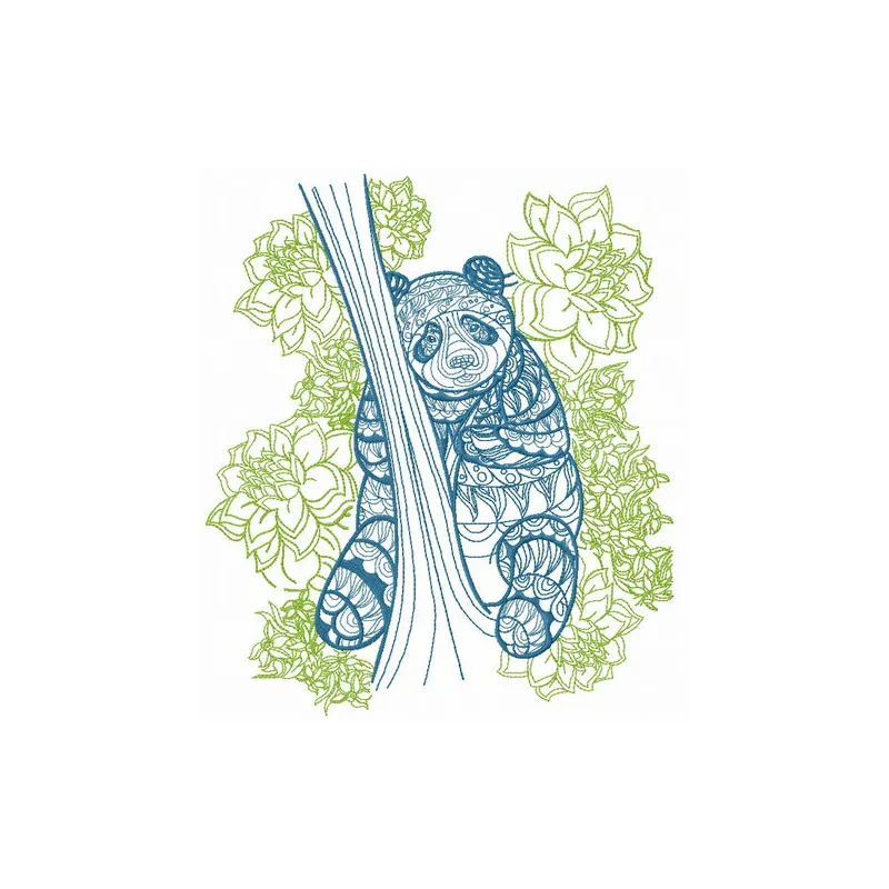 Mosaic panda 2 embroidery design featuring a charming panda among woodland elements, perfect for diverse projects.