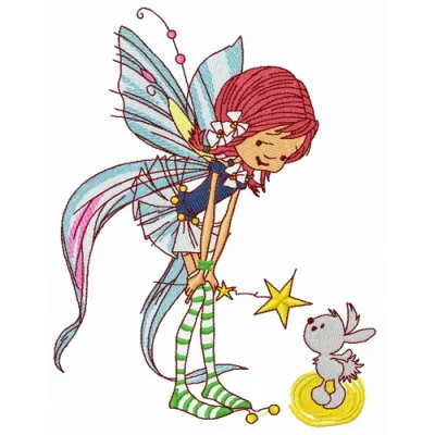 Kind fairy embroidery design showcasing delicate stitching patterns ideal for t-shirts and baby onesies.