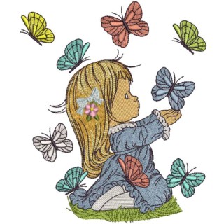 Cute girl playing with butterflies embroidery design - Embroidery Design