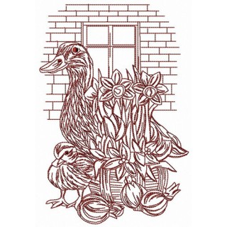 Ducks near brick wall embroidery design - Embroidery Design