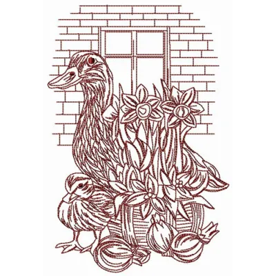 Embroidery design featuring adorable ducks beside a rustic brick wall, perfect for farm animal lovers.