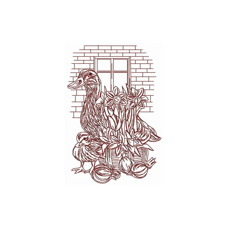 Embroidery design featuring adorable ducks beside a rustic brick wall, perfect for farm animal lovers.