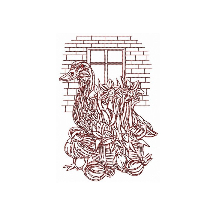 Ducks near brick wall embroidery design - Embroidery Design