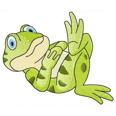 Preview of the Rest After Dinner embroidery design featuring a playful frog, ideal for stitching on various fabrics.