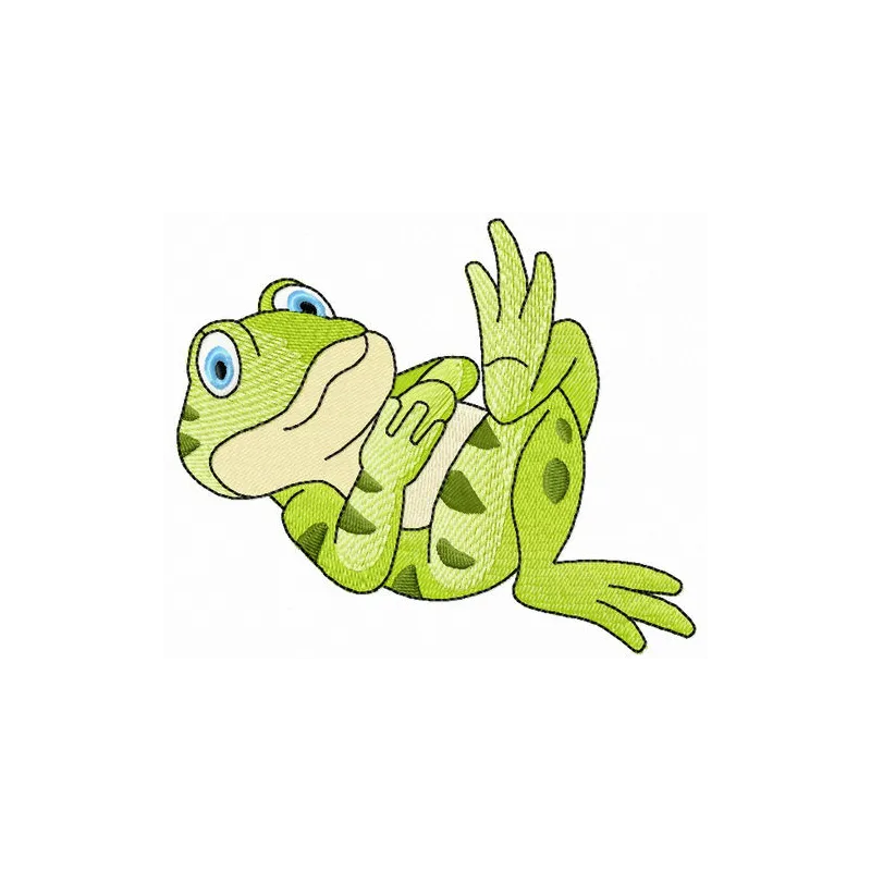 Preview of the Rest After Dinner embroidery design featuring a playful frog, ideal for stitching on various fabrics.