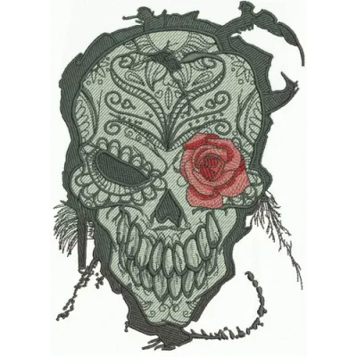 Skull with rose embroidery design showcasing intricate details, ideal for embellishing apparel and accessories.