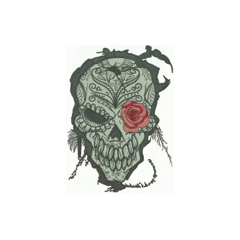 Skull with rose embroidery design showcasing intricate details, ideal for embellishing apparel and accessories.