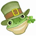 Embroidery design featuring a green frog with a clover, perfect for St. Patrick's Day projects.