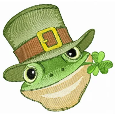 Embroidery design featuring a green frog with a clover, perfect for St. Patrick's Day projects.