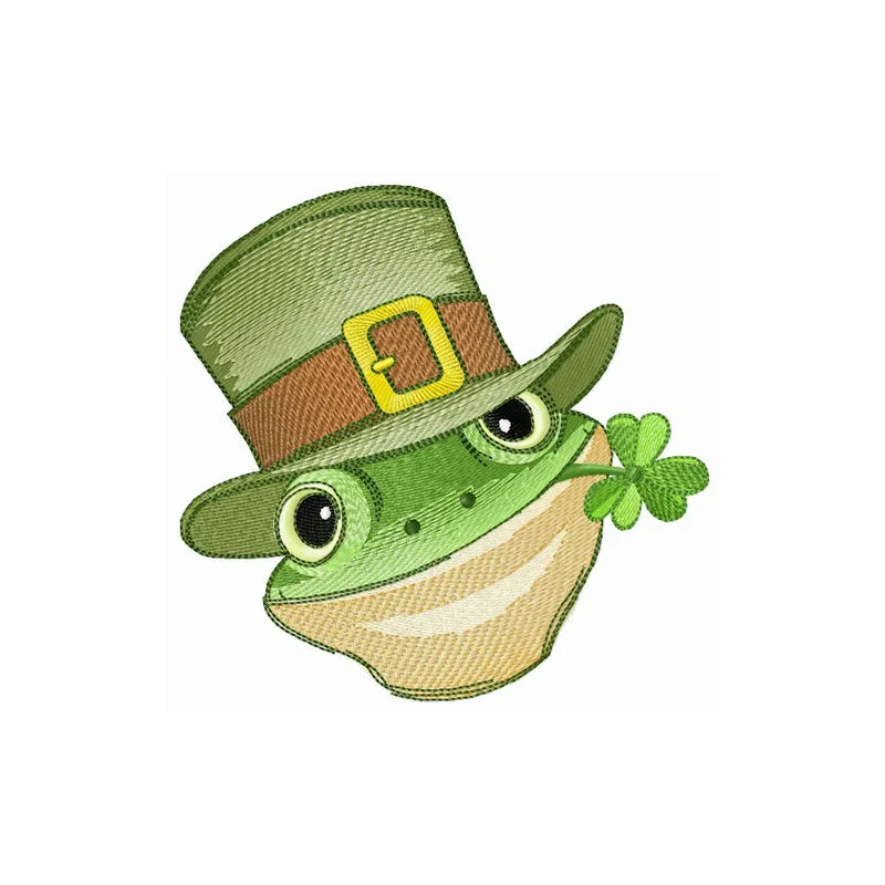 Embroidery design featuring a green frog with a clover, perfect for St. Patrick's Day projects.