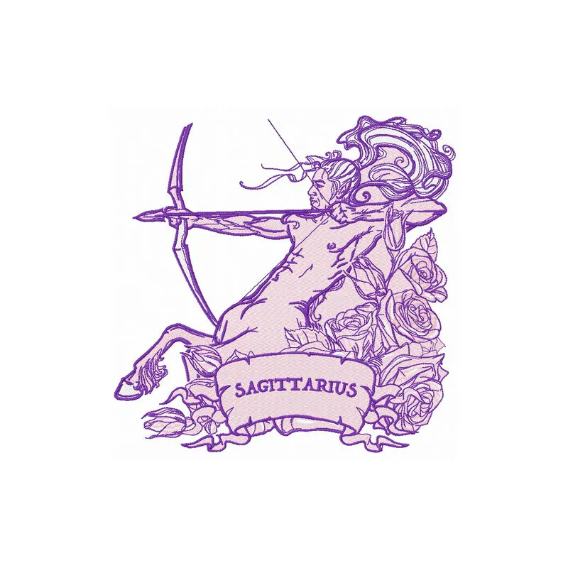 Embroidery design preview of the Sagittarius zodiac sign, showcasing intricate stitching patterns.