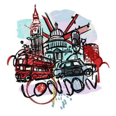 Preview of the London 8 embroidery design featuring iconic UK motifs, ideal for stitching on apparel and home decor.
