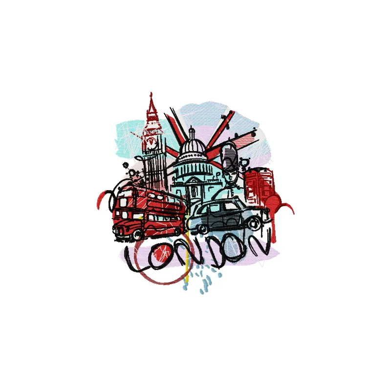 Preview of the London 8 embroidery design featuring iconic UK motifs, ideal for stitching on apparel and home decor.
